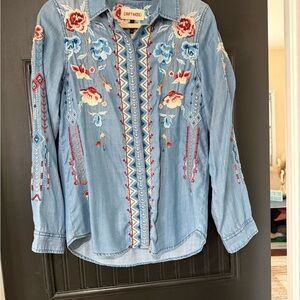 DRIFTWOOD Blue Denim Shirt with Red and White Embroidery